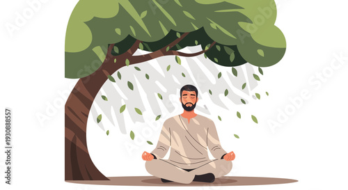 Man Meditating Under Tree Leaves Falling In Peaceful Serenity