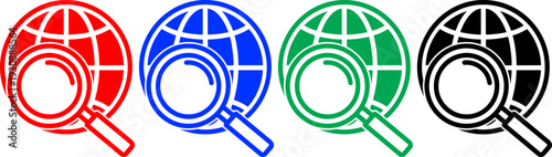 Global search icon set featuring world globe and magnifying glass in red blue green and black tones