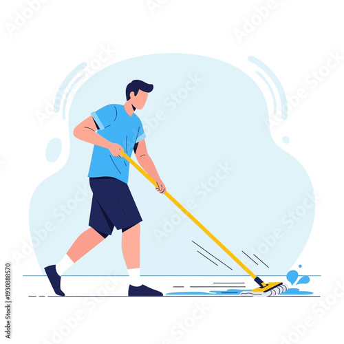 Man Mopping Floor With Yellow Mop During Housekeeping Duties