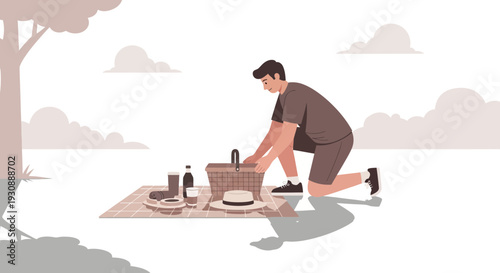 Man Preparing Picnic Basket Outdoors With Food And Drink