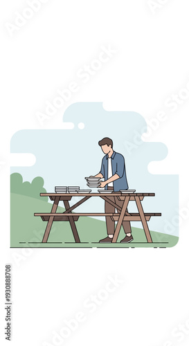 Man Preparing Picnic Meal Outdoors On Wooden Table With Nature Background