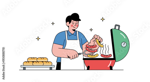 Man Preparing Sausages On A Grill For An Outdoor Barbecue Party Celebration