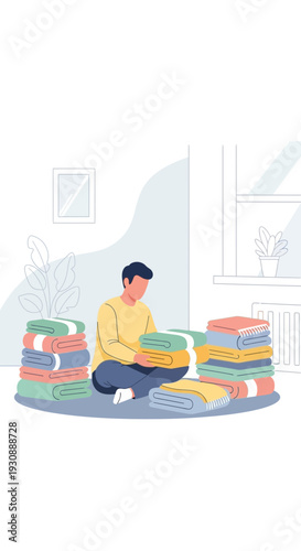 Man Organizes Colorful Stacked Fabrics For Crafting Projects And Sewing