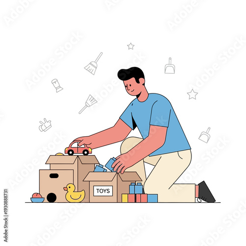 Man Organizes Children's Toys In Boxes For Storage Or Donation