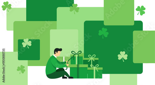 Man Preparing St Patricks Day Presents With Clover Decorations
