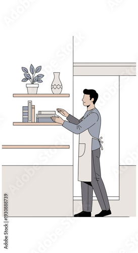 Man Organizing Bookshelf In Modern Interior With Green Plant And Vase Decoration