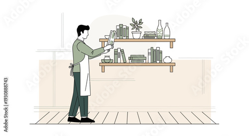 Man Organizing Bookshelf With Apartment Decor And Natural Light