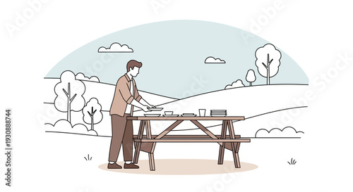 Man Preparing Picnic Table Outdoors with Nature and Minimalist Style