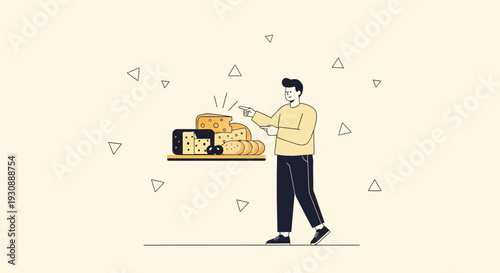 Man Presenting A Variety Of Cheeses And Olives On A Wooden Board With Abstract Background Elements