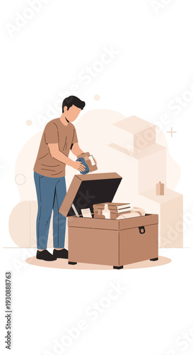 Man Organizing Contents Of A Storage Chest Detailed Flat Design Illustration