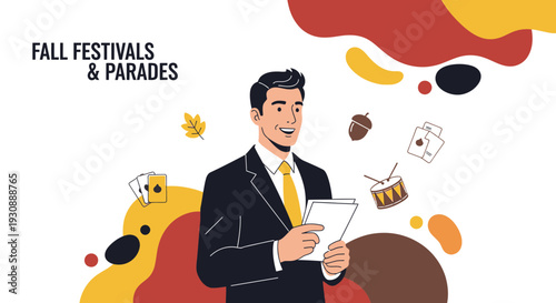 Man Promoting Fall Festivals And Parades With Symbolic Icons