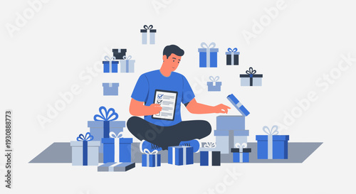 Man Organizing Numerous Gift Boxes With Checklist Concept