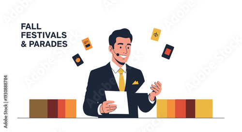 Man Presenting Fall Festivals And Parades With Floating Cards And Colorful Blocks