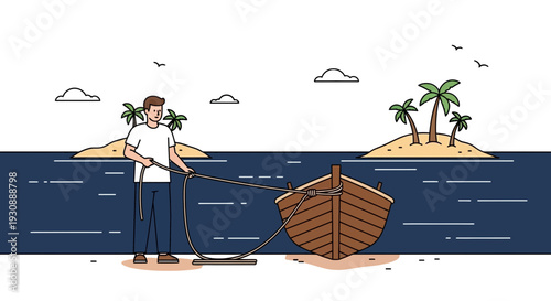 Man Pulling Wooden Boat Towards Tropical Island Paradise Shoreline Scene