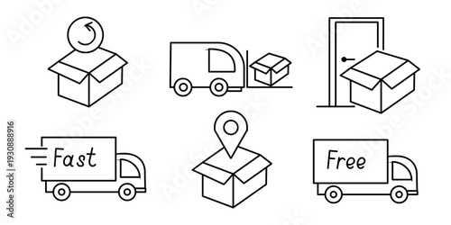 Hand drawn delivery service vector icon set with box, truck and location symbol isolated on white background. Concept of shipping, logistics, fast transport and online order service