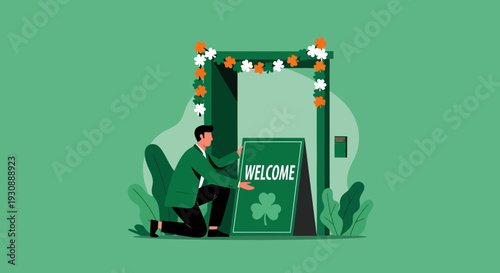 Man Placing Welcome Sign In A Doorway Decorated For St Patricks Day