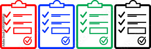 Checklist clipboard icons in multiple colors with tick marks for task management and project success