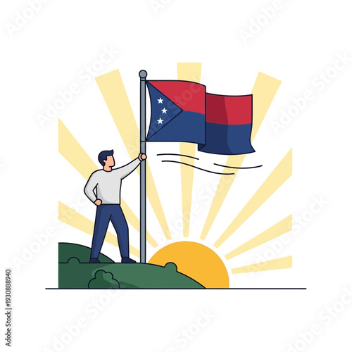 Man Plant Flag On Hilltop With Sunrise And Sun Rays