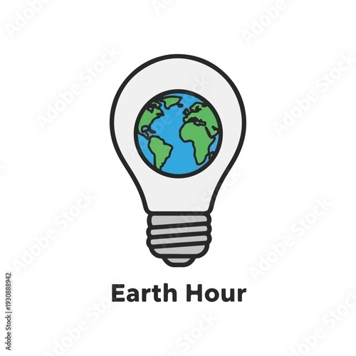 Conceptual lightbulb graphic featuring a vibrant planet Earth inside, symbolizing Earth Hour and global environmental conservation efforts with a minimalist artistic style.