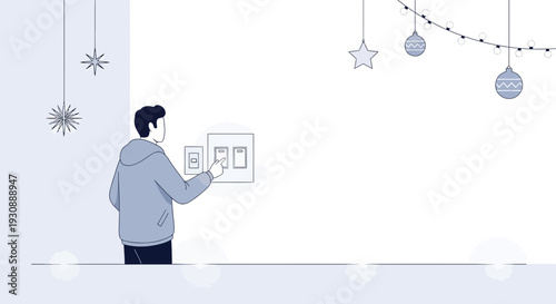 Man Reaching To Switch On Lights Preparing For Holiday Season Celebration Decoration