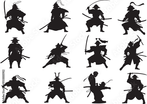 Samurai warrior silhouette collection illustration, Japanese sword fighters set, katana action poses, black vector martial arts design elements