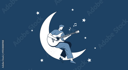 Man Playing Guitar On Crescent Moon Under Starry Sky