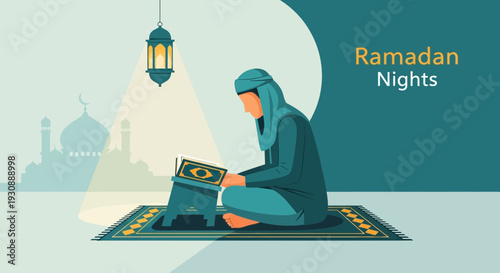 Man Reading Holy Book During Ramadan Nights Scene