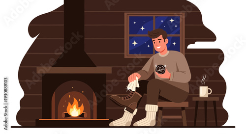 Man Polishing Boots By Cozy Fireplace In Rustic Cabin