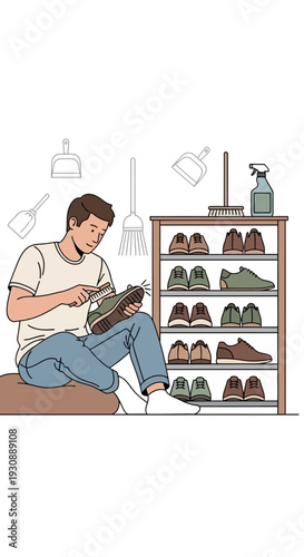 Man Polishing Shoes While Sitting Next To Shoe Rack And Cleaning Supplies Detailed Illustration