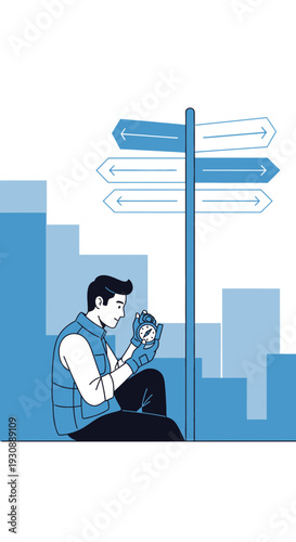 Man Pondering Directions With A Clock Next To A Signpost And Cityscape