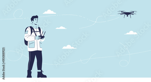 Man Remote Controls Aerial Drone in Bright Skies Depicting Outdoor Technological Pursuit