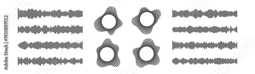 Sound wave collection with circular radial patterns and horizontal waveforms in black on white background. Audio frequency lines forming podcast icons, music equalizers and geometric soundwave bursts