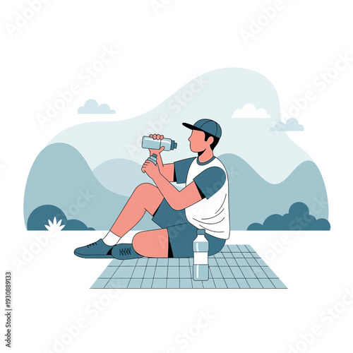 Man Resting Outdoors Enjoying Hydration After Activity In Nature