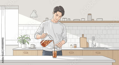 Man Pouring Cold Beverage Into Glass Refreshing Drink Preparation