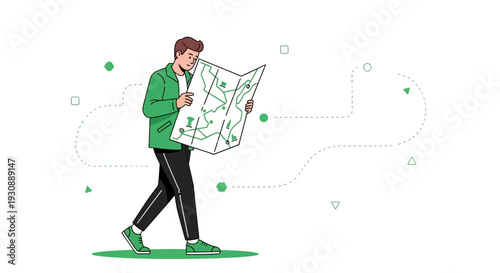 Man Studying Map On Abstract Background With Path Lines