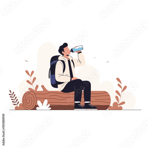 Man Resting And Hydrating During Outdoor Adventure Break In Nature
