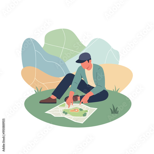 Man Studying Map Outdoors Planning Adventure With Nature Background Scenic