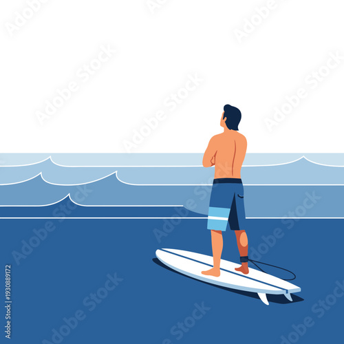Man Surfer Standing On Surfboard Ready For Waves Ocean Adventure