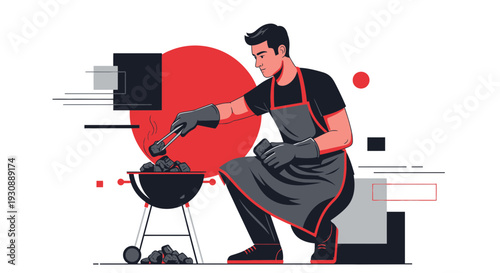 Man Prepares Charcoal For Grilling With Tongs And Apron