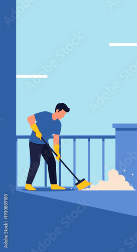 Man Sweeping Balcony Maintaining Cleanliness With Broom And Yellow Gloves