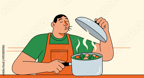 Man Savors Delicious Aroma While Cooking Hearty Stew On Stove