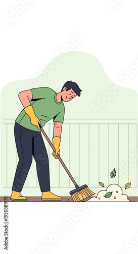 Man Sweeping Leaves Cleaning Up Dust And Debris Indoors Daily Chores Lifestyle