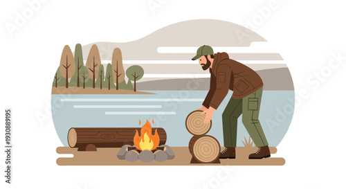 Man Prepares Wood For Lakeside Campfire Scene