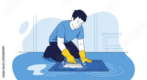 Man Scrubbing Flooded Floor with Brush and Gloves