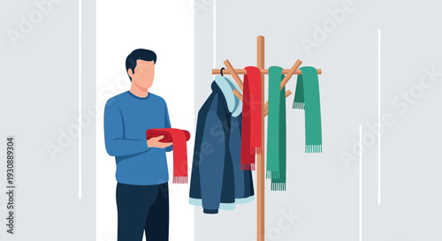Man Preparing For Cold Weather Grabbing A Scarf From Coat Rack Display