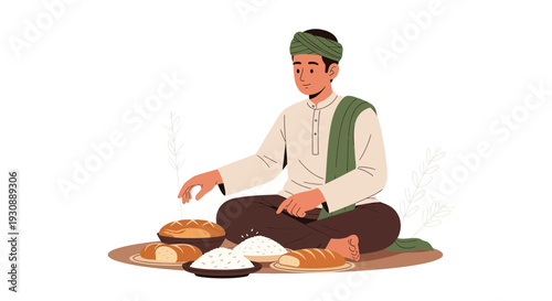 Man Preparing Food With Bread And Rice Harvest Celebration