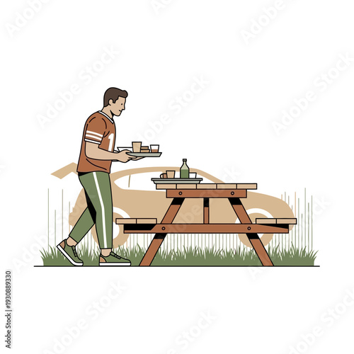 Man Setting Picnic Table With Food And Drinks Preparing Outdoor Meal