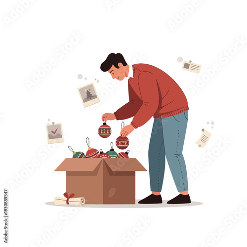 Man Unboxing Festive Ornaments Preparing For Holiday Decor