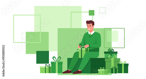 Man Unboxing Green Gifts Surrounded By Abstract Shapes Festive Occasion