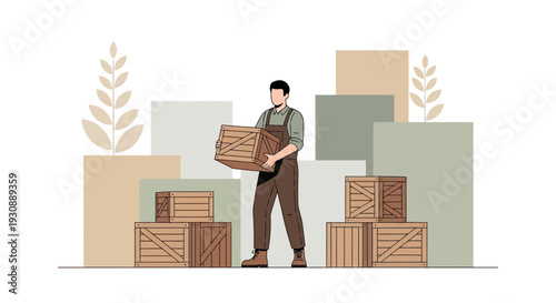 Man Transporting Wooden Crates with Boxes in a Minimalistic and Modern Illustration